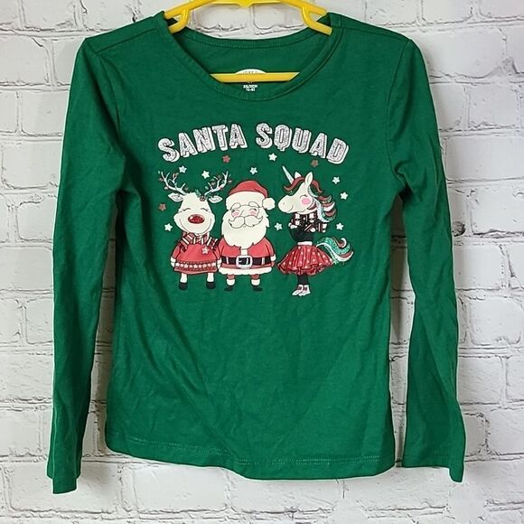 Santa Squad Girls 4/5 Santa Unicorn Reindeer Green Holiday T-Shirt Glitter Tee - Picture 2 of 5